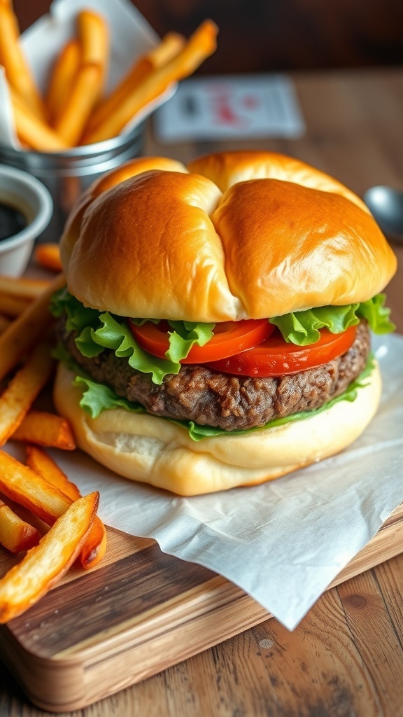 Cloud Bread Burger Recipe A cloud bread burger with a beef patty, lettuce, and tomato on a wooden table with fries.